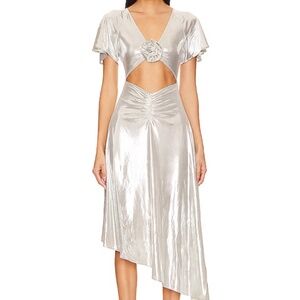 Asymmetrical Cutout Foil Dress in Silver